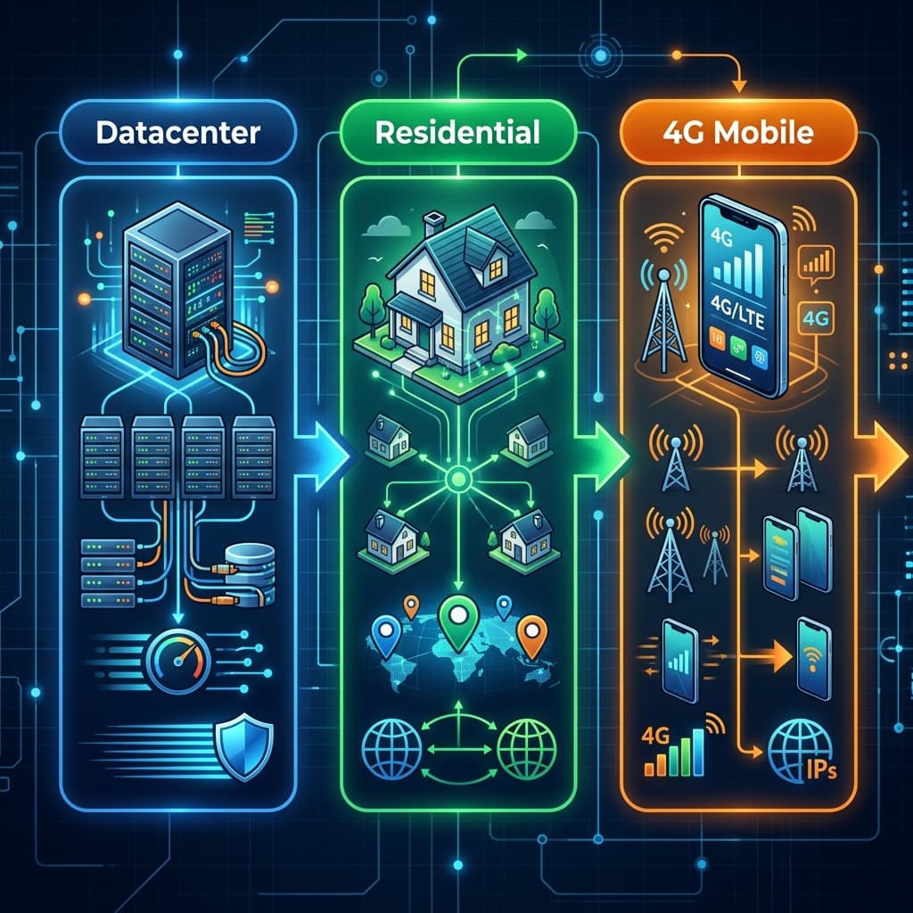 Proxy Datacenter vs Residential vs 4G: So Sánh Chi Tiết & Chọn Loại Nào?